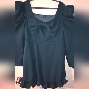 SHEIN Teal Long Sleeve Puff Shoulder Dress with Front Bow